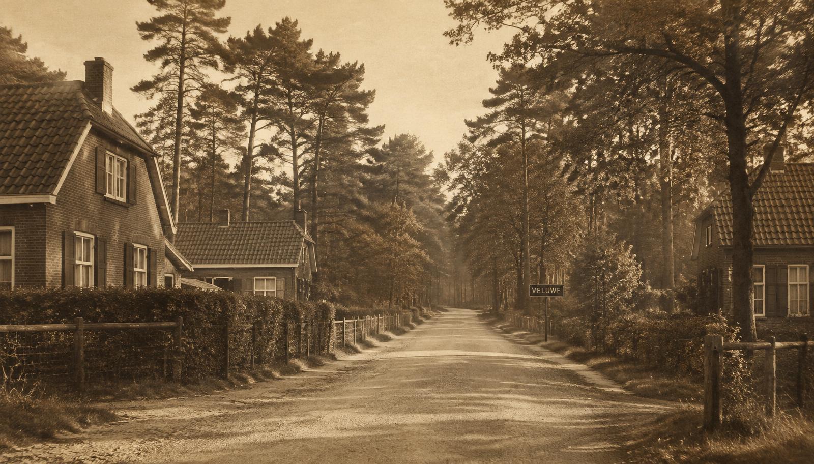 Een zandweg tussen oude huizen het bos in